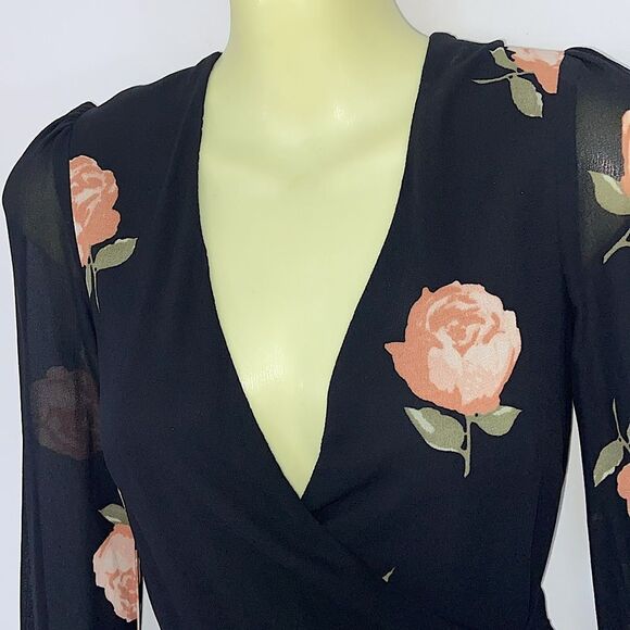 Reformation Dress Black Pink Floral Wrap Mini New Without Tags Sz XS - Picture 2 of 7